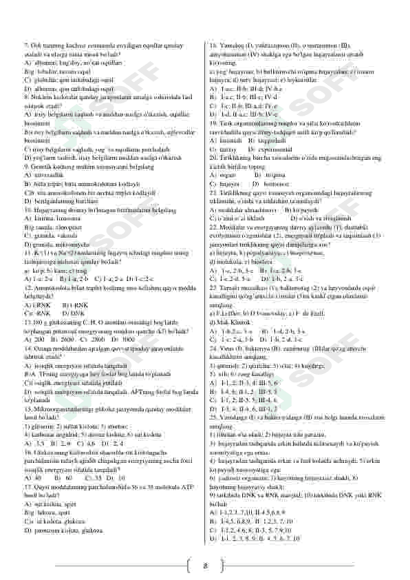 Biologiya fanidan mavzulashtirilgan testlar 8