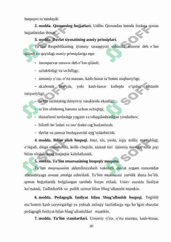 O’zbekiston Respublikasining “Ta’lim to’g’risida”gi qonuni va uning mazmun mohiyati 8
