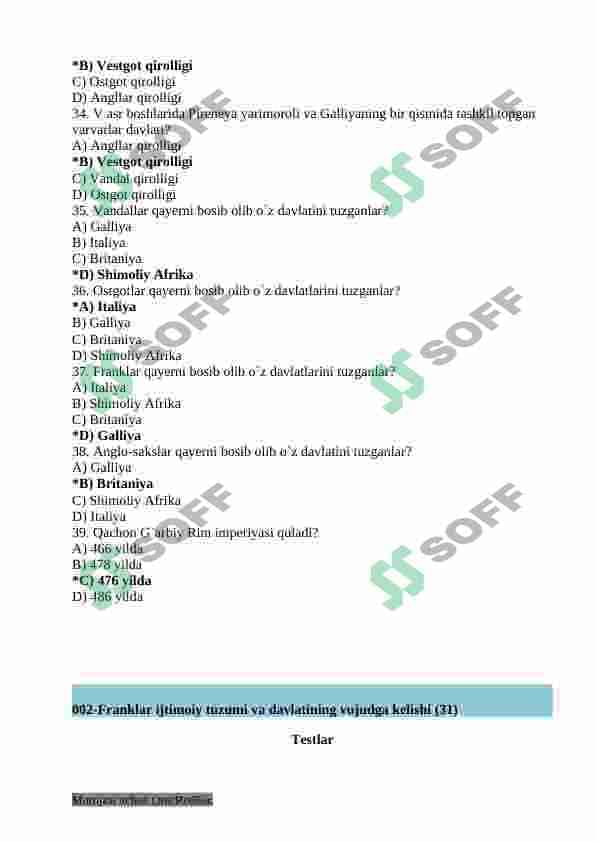 7-sinf Jahon Tarixi fanidan mavzulashtirilgan test savollar to'plami 8