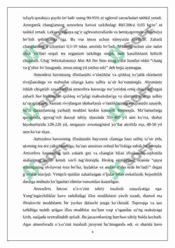 ATMOSFERA HAVOSI IFLOSLANISHINING IJTIMOIY IQTISODIY OQIBATLARI, UNING OLDINI OLISH VA KAMAYTIRISH CHORA-TADBIRLARI 8