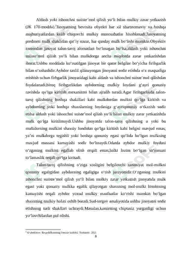“O‘ZGALAR MULKINI TALON TAROJ QILISH BILAN BOG‘LIQ BO‘LMAGAN JINOYATLAR” 8