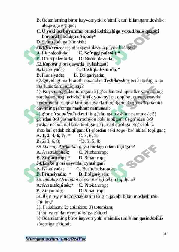 6-sinf Tarix fanidan mavzulashtirilgan test va savollar to'plami 8
