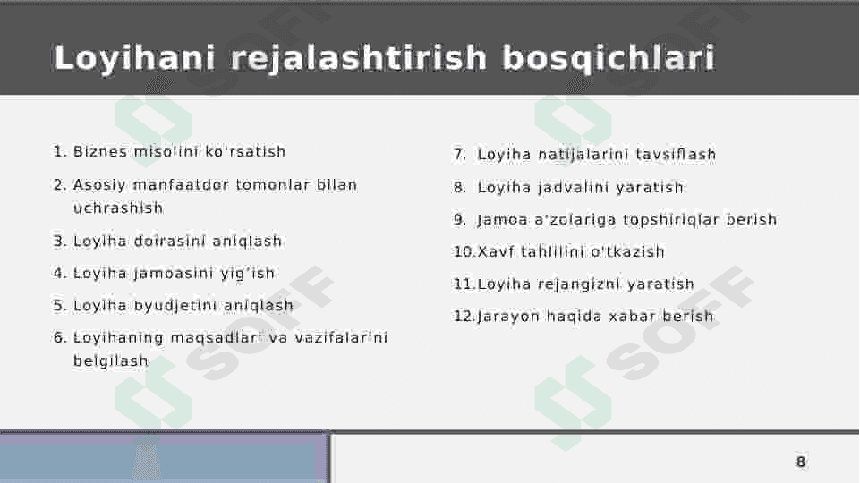 Loyihalarni rejalashtirish mavzusida taqdimot 8