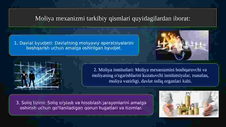 Moliya mexanizmi va uning tarkibiy qismlari, elementlari va moliyaviy siyosatni amalga oshirishdagi ro’li 8