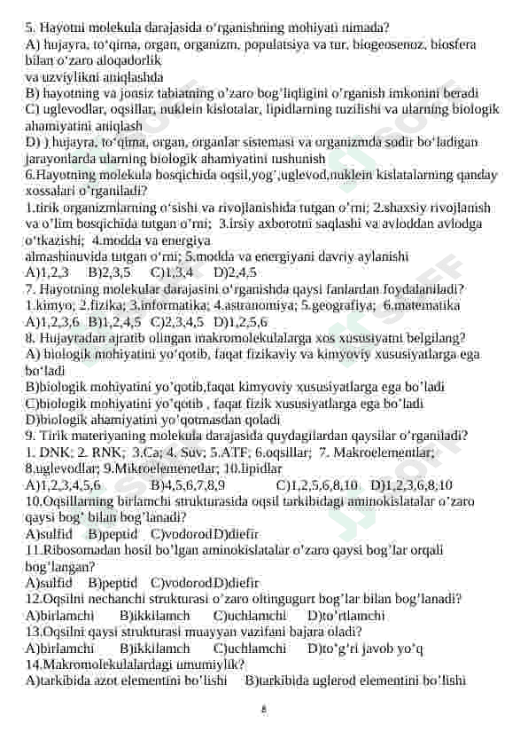 Biologiya fanidan mavzulashtirilgan testlar 8