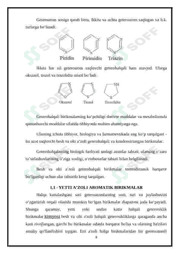 Geteroxalqali birikmalar asosida ishlab chiqariladigon zamonaviy dori vositalari. Dorivor preparatlar tarkibidagi yetti a’zoli aromatik birikmalar 8