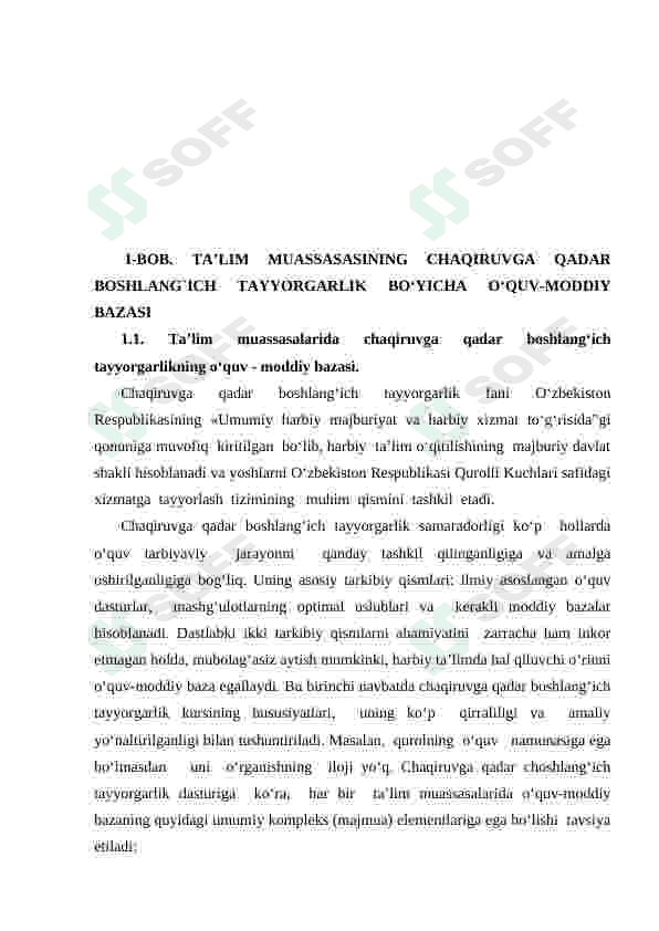 TA’LIM MUASSASASINING CHAQIRUVGA QADAR BOSHLANG`ICH TAYYORGARLIK BO‘YICHA O‘QUV - MODDIY BAZASI VA ULARNING JIHOZLANISHIGA QO‘YILADIGAN TALABLAR 8