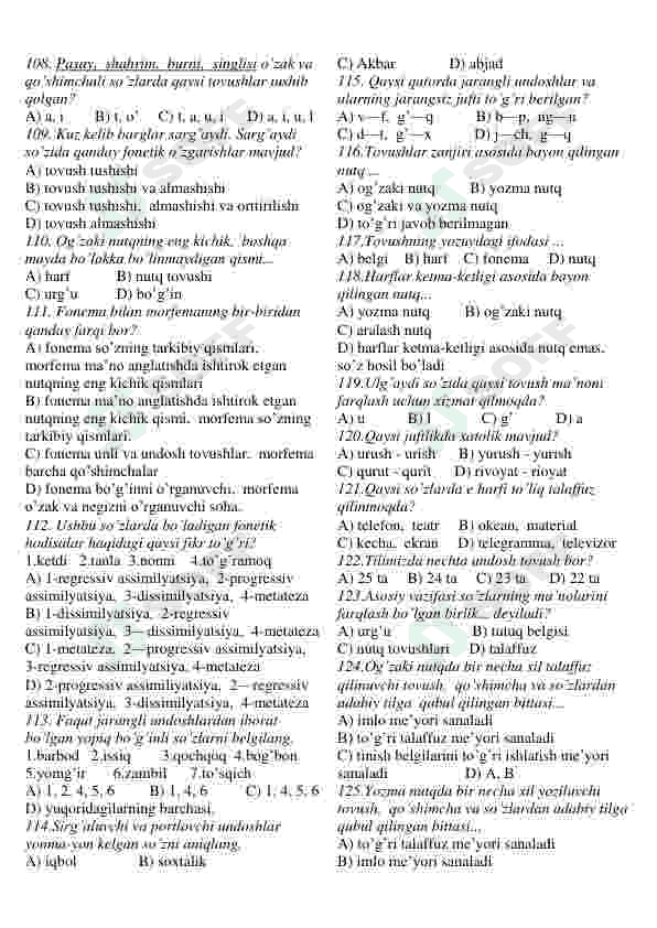 Ona tili fanidan testlar to'plami 8