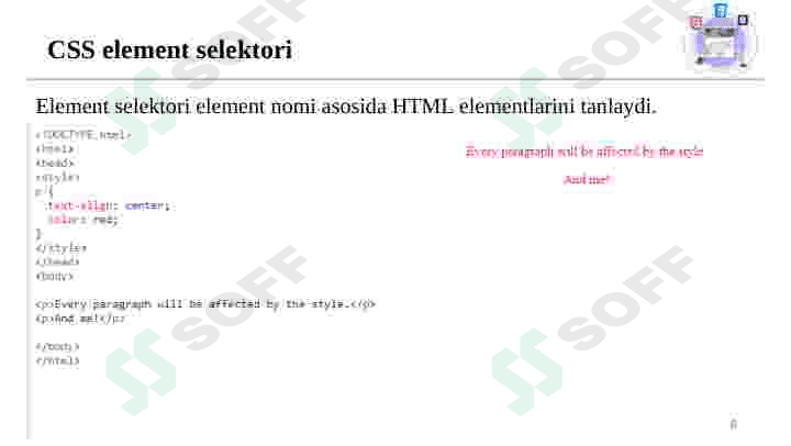 CSS bilan HTML hujjatni bog‘lash usullari. CSS sintaksisi. Selektorlar turlari. 8
