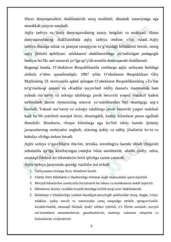 Ilmiy dunyoqarashni shakllantirish va o‘quvchilarni aqliy tarbiyalash 8