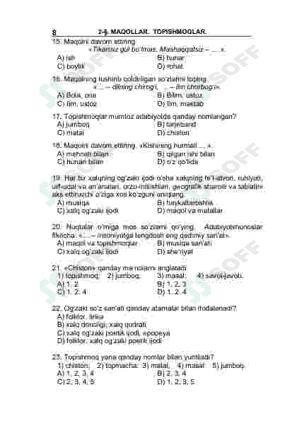 5-sinf Adabiyot fanidan mavzulashtirilgan testlar to'plami 8