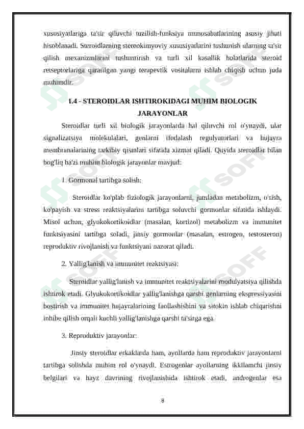 STEROIDLAR VA TERPENLARNING STEROKIMYOSI HAMDA ULAR ISHTIROKIDAGI MUHIM BIOLOGIK JARAYONLAR. 8