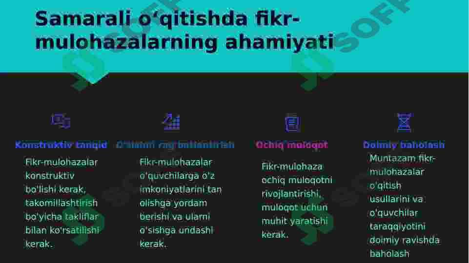 Samarali o’qitishning qiziqtiruvchi va interfaol usullari, hamda ulardan foydalanishni o’rganadi. O’quvchilar bilimini nazorat qilish usullari va ularni takomillashtirish metodikasi 2 8