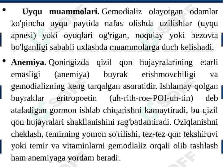 KOLLOID SISTEMALARNI DIALIZ YO’LI BILAN TOZALSH. GEMODIALIZNI O’TKAZISHDA KIMYONING AHAMIYATI 8