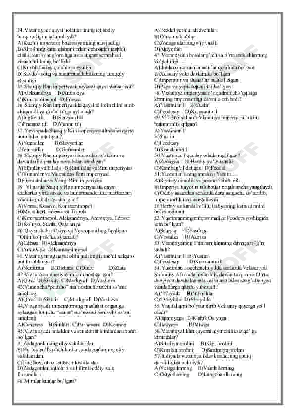 Jahon tarixi fanidan mavzulashtirilgan testlar / 7-sinf 8