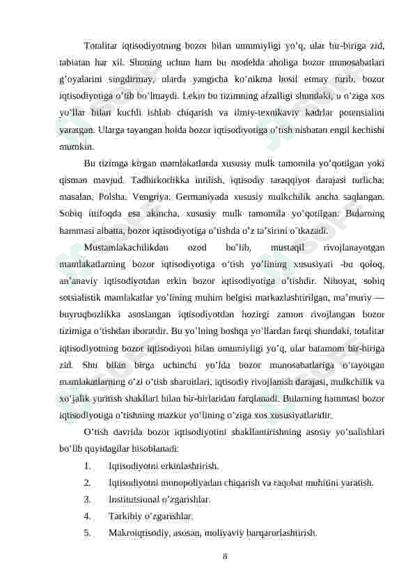 Bozor mexanizmi va uning tarkibiy qismlarining iqtisodiy nazariy tavsifi 8