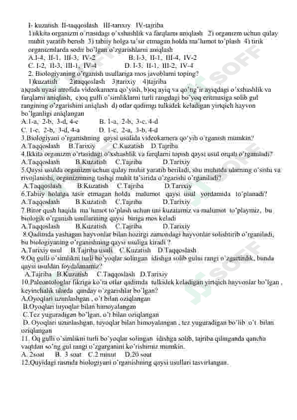 Biologiya fanidan mavzulashtirilgan testlar / 5-sinf 8