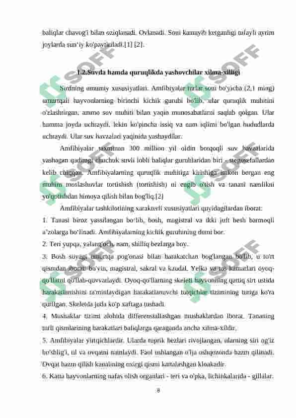 O’rta Osiyo tekisliklari, suv havzalari va tog’li hududlarida yashovchi umurtqali hayvonlar 8