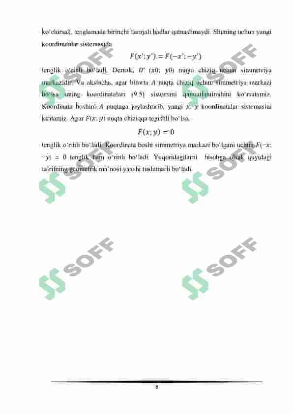 Ikkinchi tartibli chiziqning markazi. Ikkinchi tartibli chiziqning to'g'ri chiziqli bilan kesishishi. 8