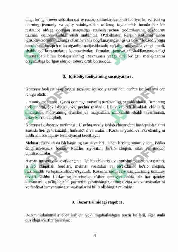 Korxonalarning bozor tizimidagi o'rni va iqtisodiy faoliyatining xususiyatlari 8