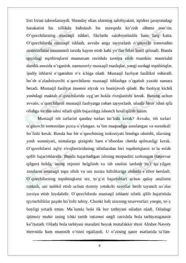 Boshlang'ich sinflarda o'quvchilarning mustaqil ishlarini tashkil etish va ta'limdagi ahamiyati kurs ishi 8