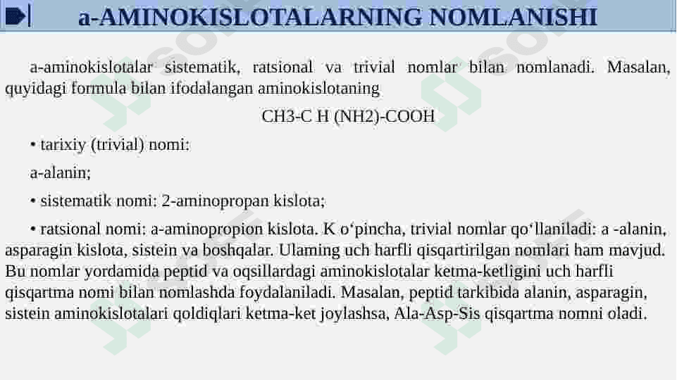 α - Aminokislotalar - kofermentlar, gormonlar va vitaminlarning tarkibiy qismi sifatida 8