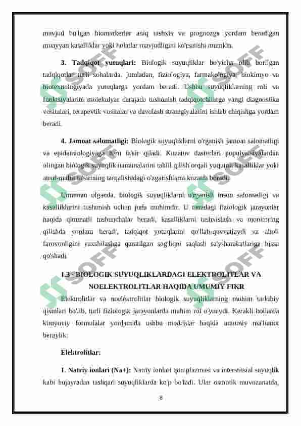 Organizmning biologik suyuqliklari elektrolit va noelektrolitlar eritmalari sifatida 8