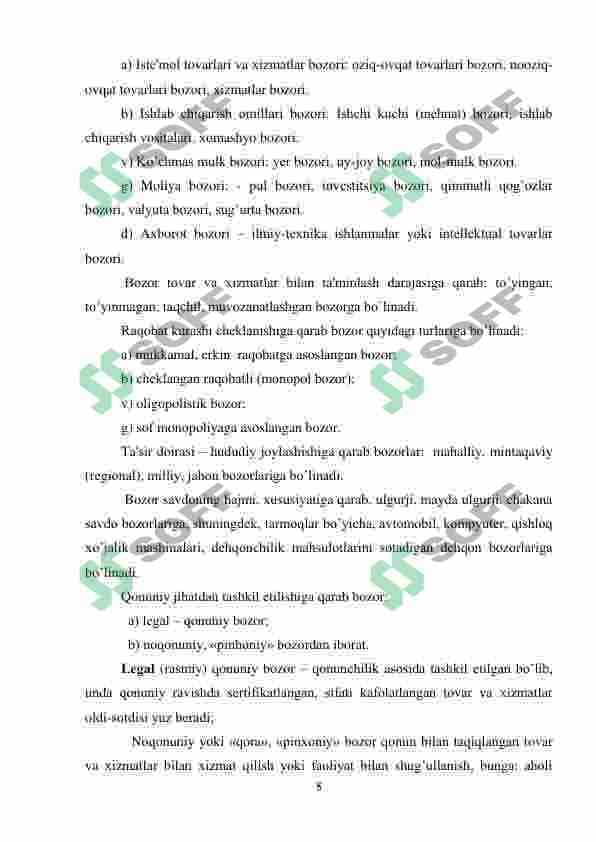 Bozor tushunchasi, uning vazifasi va turlari. 8