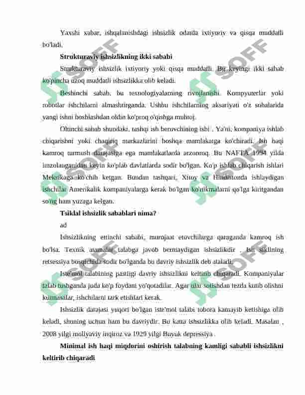 O‘zbekistonda ishsizlik, zamonaviy shakllari, sabablari, kamaytirish usullari. 8