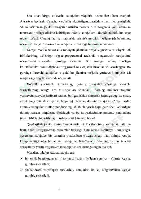 Xarajatlar haqida tushuncha va ularning turli xil belgilarga qarab turkumlanishi 8