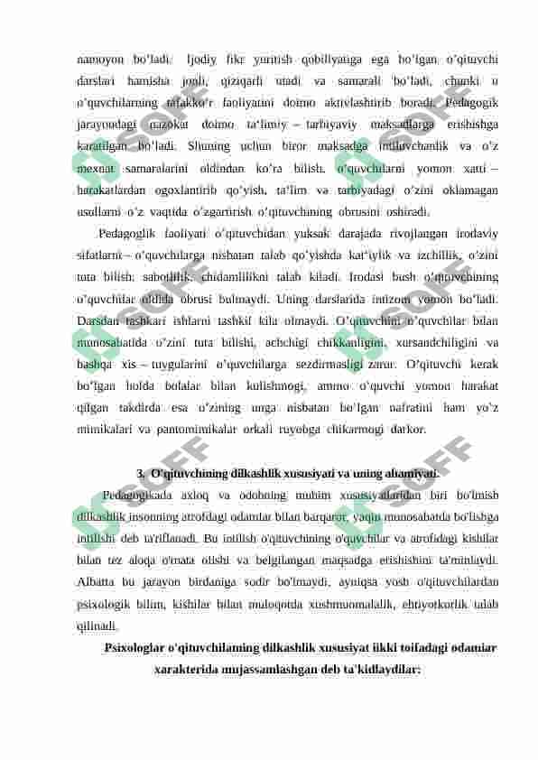 Pedagogik nazokat, va xushmuomalalik, kasbiy pedagogik dilkashlikning o’qituvchi xulq atvorida shakllanishidagi o’rni 8