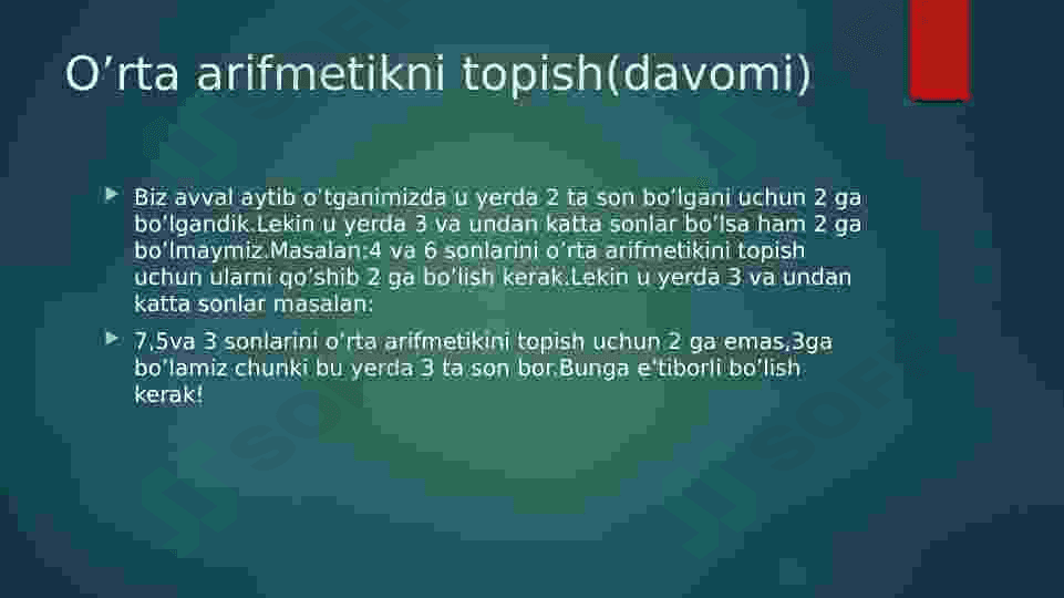 Moda,Mediana va sonning o'rta arifmetikini topish 8