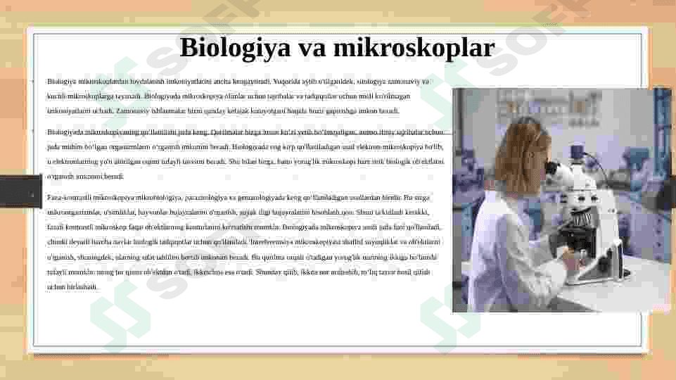 Elektron mikroskoplar (skanirlovchi va transmission mikroskoplar) va mikroskopiya usullarining biologiya va tibbiyotdagi ahamiyati. 8