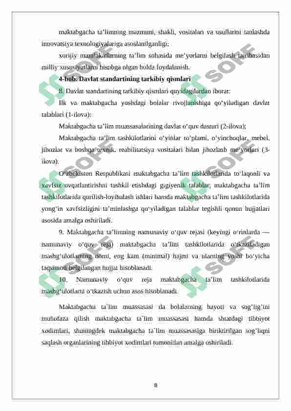O‘zbekiston Respublikasi Maktabgacha ta’lim va tarbiyaning Davlat standarti mazmun-mohiyati 8