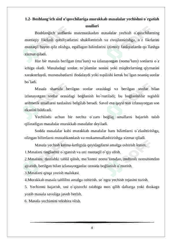 Boshlang'ich sinf matematika darsligidagi masalalar yechishning o'ziga xos xususiyati kurs ishi 8
