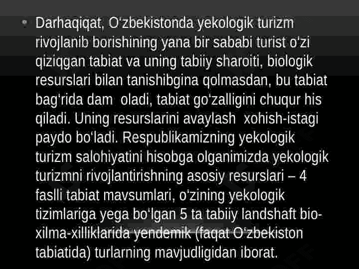 Mintaqalarda ekologik turizmni rivojlantirish resurslari va ulardan foydalanish yo'llari 8
