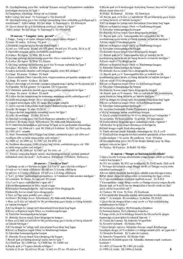 Tarix fanidan mavzulashtirilgan testlar 8
