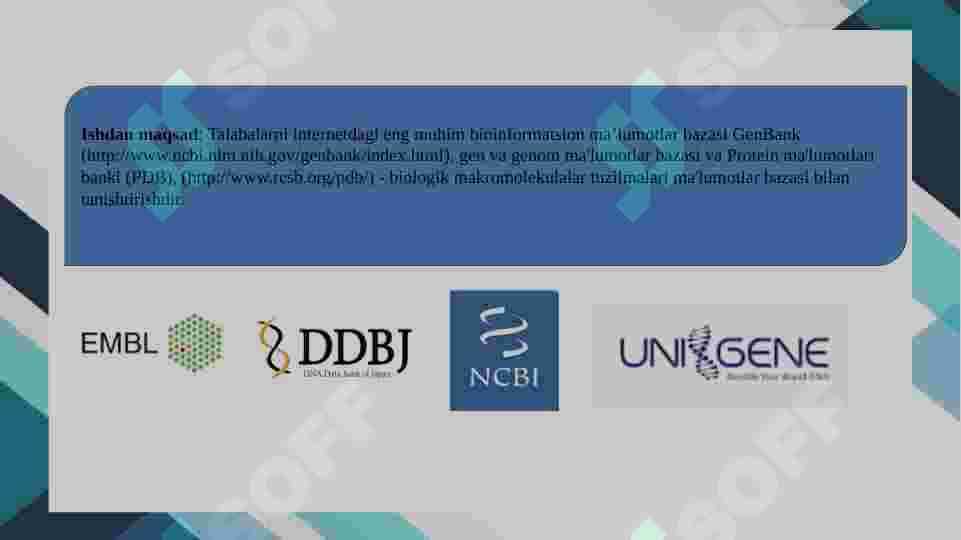 Zamonaviy bioinformatsion ma’lumotlar bazalari haqidagi ma’lumotlar bilan tanishish 2