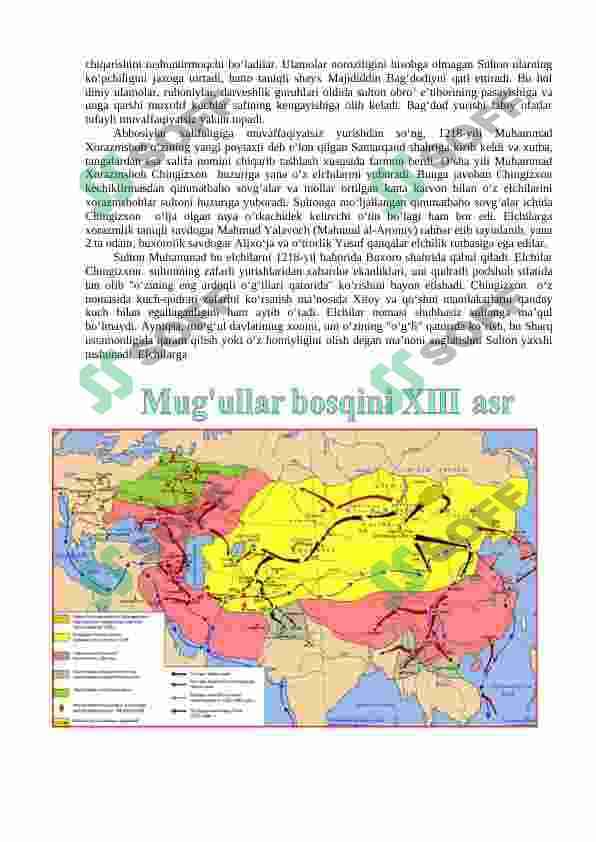 Movarounnaxr va Xurosonning mug’ullar tomonidan bosib olinishi. Movarounnaxr Chig’atoy ulusi tarkibida. Buyuk ipak yo’li - muloqot va hamkorlik yo’li. Etnogenez va etnik tarix masalalari. 6