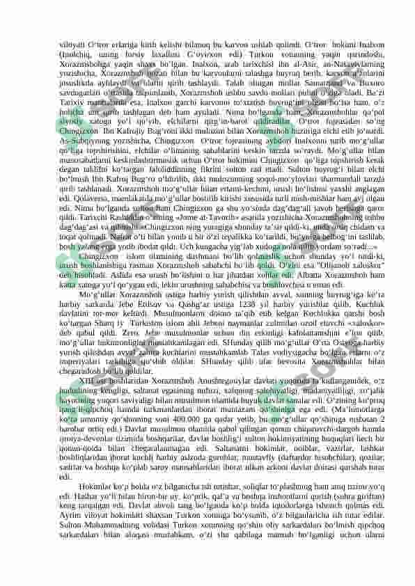 Movarounnaxr va Xurosonning mug’ullar tomonidan bosib olinishi. Movarounnaxr Chig’atoy ulusi tarkibida. Buyuk ipak yo’li - muloqot va hamkorlik yo’li. Etnogenez va etnik tarix masalalari. 8