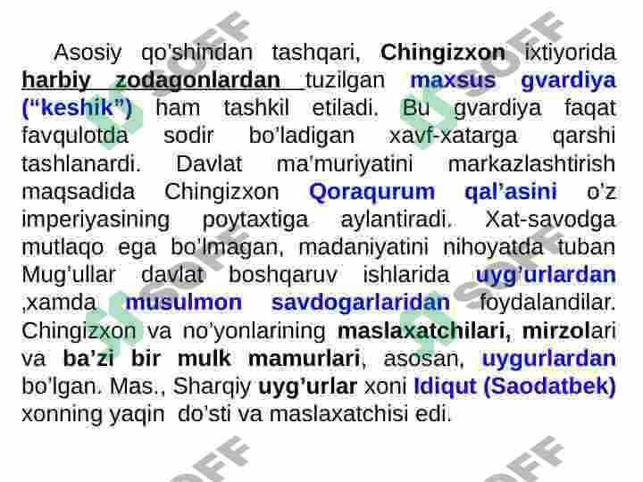 Movarounnaxr va Xurosonning mug’ullar tomonidan bosib olinishi. Movarounnaxr Chig’atoy ulusi tarkibida. Buyuk ipak yo’li - muloqot va hamkorlik yo’li. Etnogenez va etnik tarix masalalari. 7