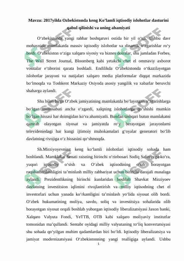 2017yilda O'zbekistonda keng Ko’lamli iqtisodiy islohotlar dasturini qabul qilinishi va uning ahamiyati 1