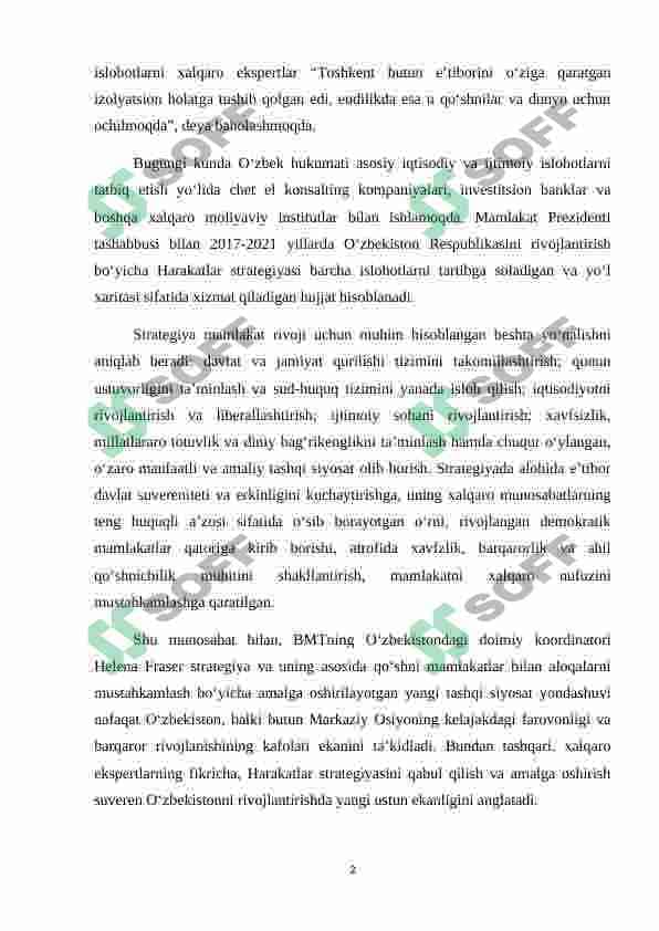 2017yilda O'zbekistonda keng Ko’lamli iqtisodiy islohotlar dasturini qabul qilinishi va uning ahamiyati 2