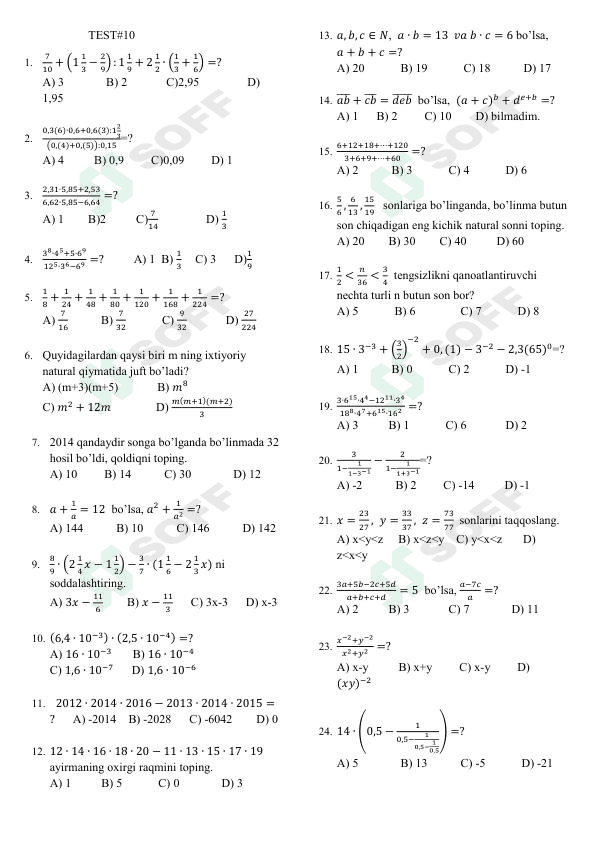 Matematika fanidan testlar 10 1