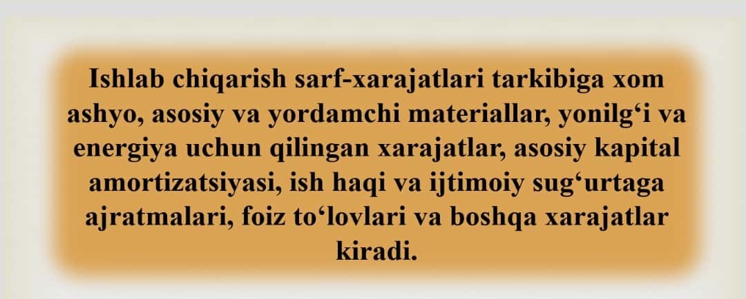 Ishlab chiqarish xarajatlari tushunchasi va xarajat turlari 1