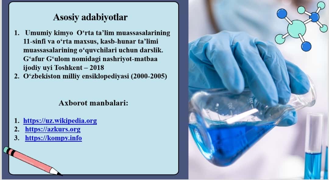 Mavzu: Eritmalar. Foiz, molyar va normal konsentratsiyali eritmalar tayyorlash. Fiksanal eritmalar tayyorlash. Eritmalar. Molyal konsentratsiya va eritma titri. Moddalar eruvchanligi va eruvchanlik ko’payitmasi. 1