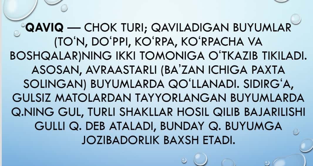 Qaviq va qaviq qatorlar: to’g’ri, qiya, o’roqsimon, xalqa qaviqlar 1