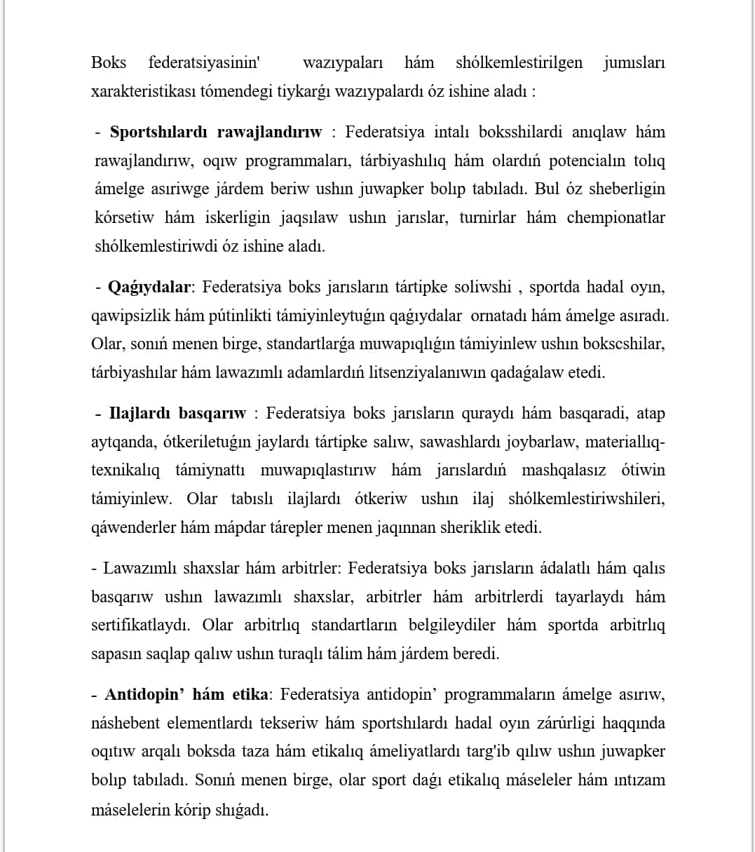 BOKS FEDERATCIYASI SIPATLAMASI WAZIYPALARI HAM       SHOLKEMLESTIRILGEN JUMUSLARI 1