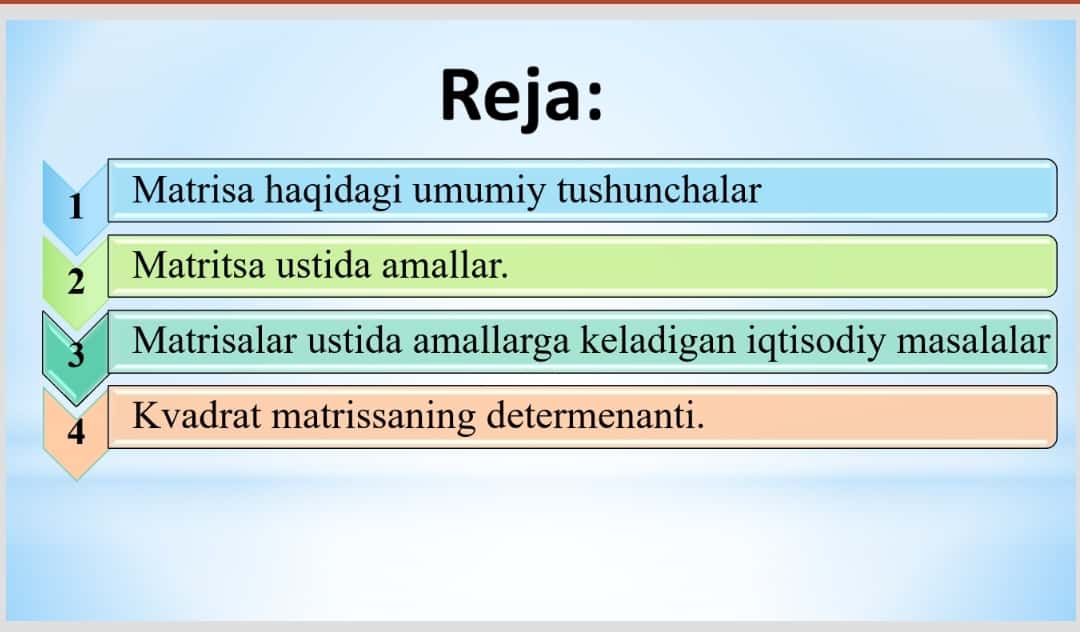 MATRITSALAR VA ULAR USTIDA AMALLAR. KVADRAT MATRITSANING DETERMENANTI 1