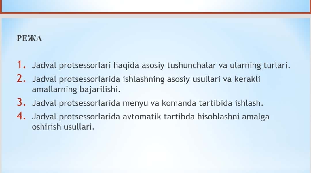 Miqdoriy ko’rsatkichlarga asoslangan axborotlarni yaratish va ishlov berish texnologiyalari 1